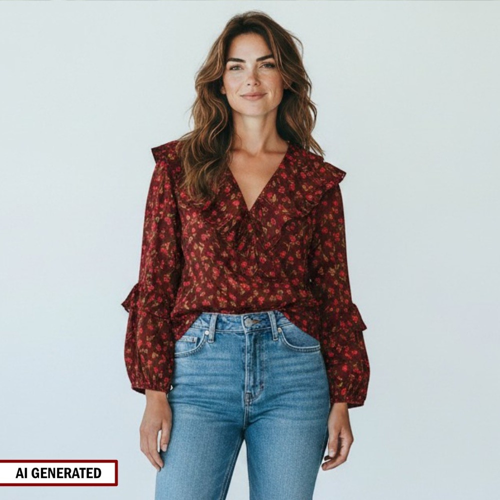 Sonoma Floral Top Womens 2X Burgundy Boho Peasant Ruffle Blouse New